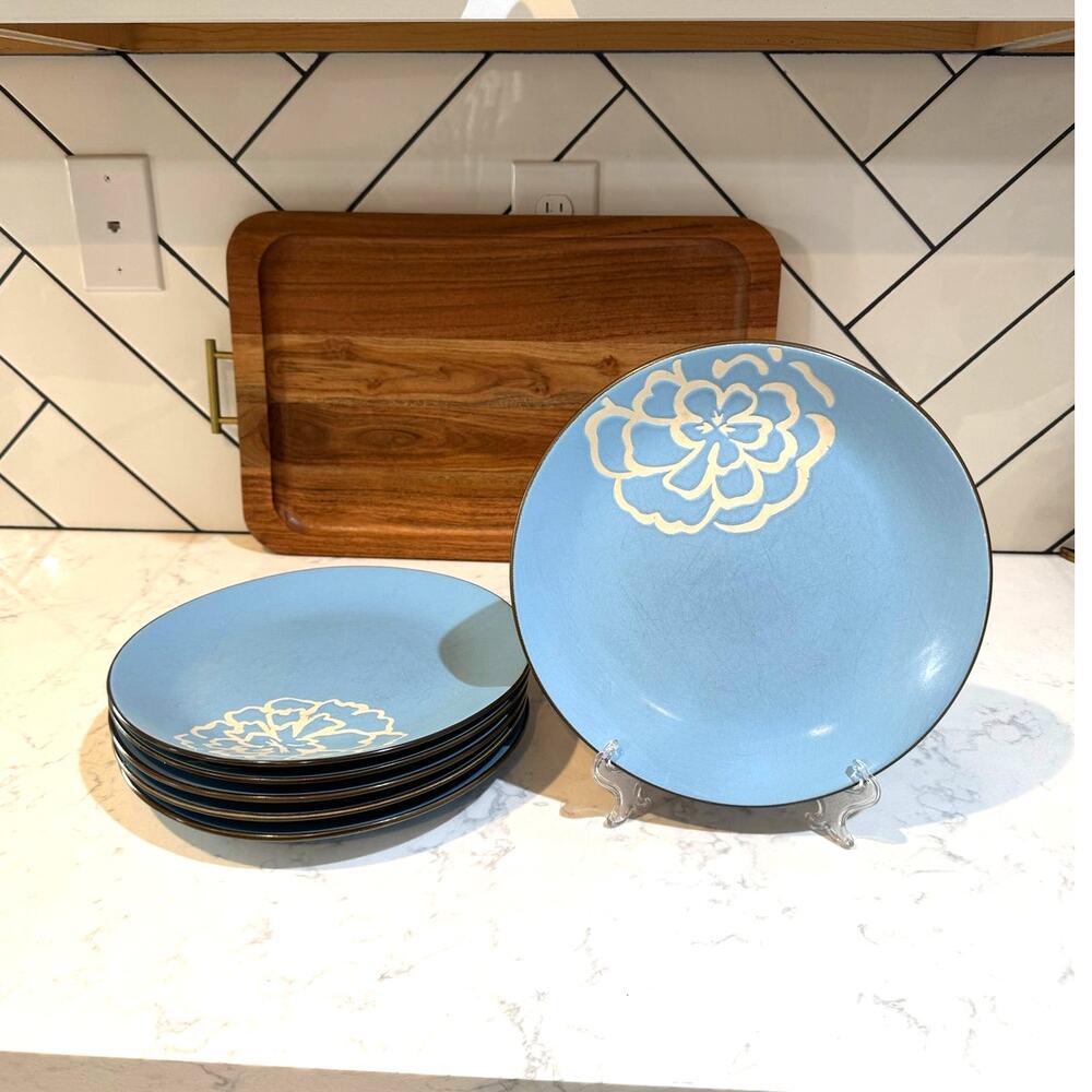 Abbey Hill Wax Blue pattern salad plates x7 embossed white flowers brown trim